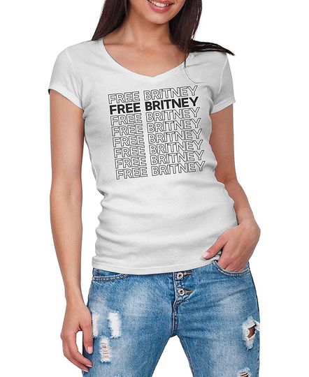 Discover T-shirt de Mulher com Decote Em V Manga Curta com Letras Em Preto E Branco Free Britney