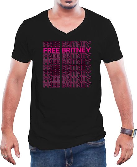 Discover T-shirt de Homem com Decote Em V Manga Curta com Letras Rosa Free Britney