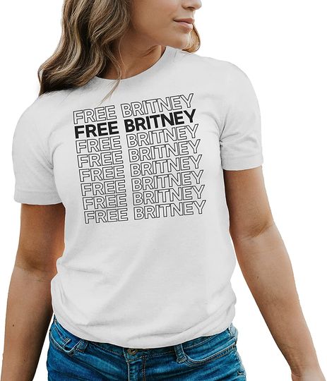 Discover T-shirt de Mulher de Mangas Curtas com Letras Em Preto E Branco Free Britney