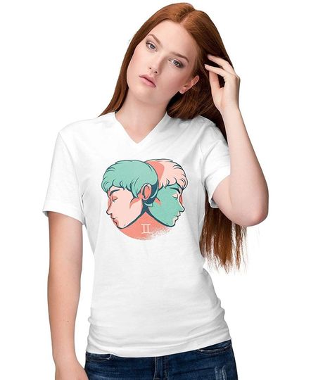 Discover T-shirt de Mulher Gemini Zodiac Sign com Decote em V