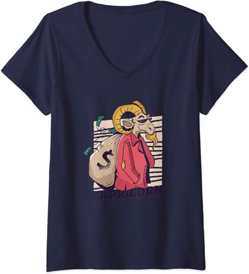 Discover T-shirt de Mulher com Decote Em V com Signo de Capricórnio Cabra Velha Rica