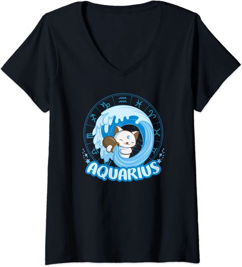 Discover T-shirt de Mulher Gato Kawaii Astrologia de Zodíaco Signo de Aquário Decote em V