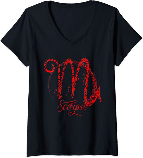 Discover T-shirt de Mulher Sinal do Zodíaco Vermelho Escorpião Estrelas Decote em V