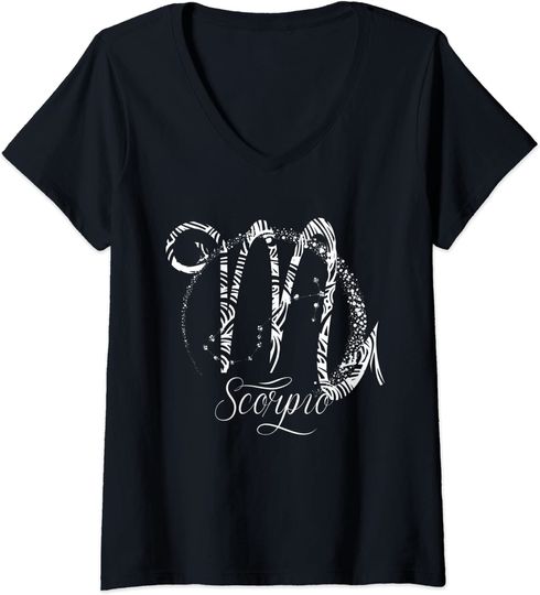 Discover T-shirt de Mulher Símbolo de Escorpião Signo do Zodíaco Outubro Novembro Decote em V