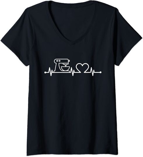 Discover T-shirt de Mulher Batimento Cardíaco com Padaria Decote em V