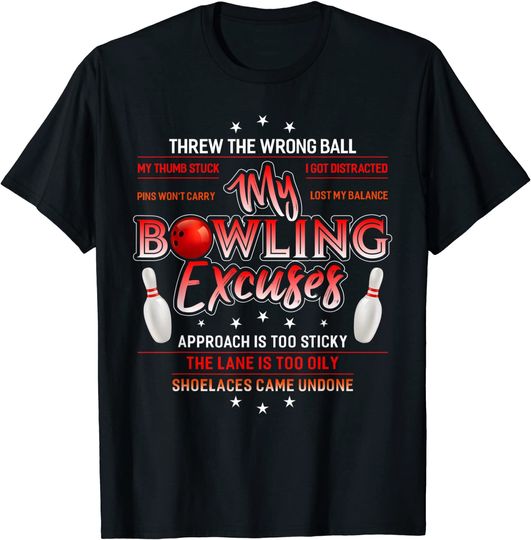 Discover T-shirt Unissexo de Manga Curta com Letras Vermelhas E Brancas My Bowling Excuses