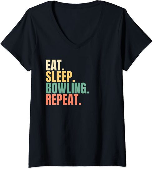 Discover T-shirt de Mulher com Decote Em V Eat Sleep Bowling Repeat