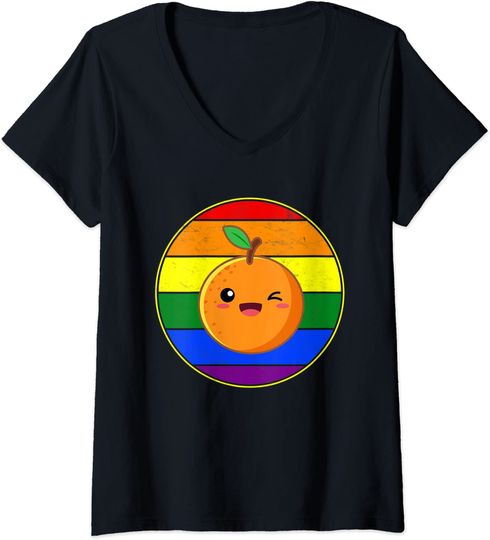 Discover T-shirt de Mulher com Decote Em V Laranja Feliz E Bandeira LGBT