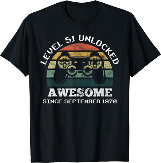T-shirt Unissexo de Manga Curta Level 51 Unlocked Awesome Since September 1970