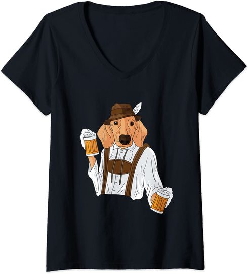 Discover T-shirt de Mulher Divertido Cão Ama Cerveja Decote em V