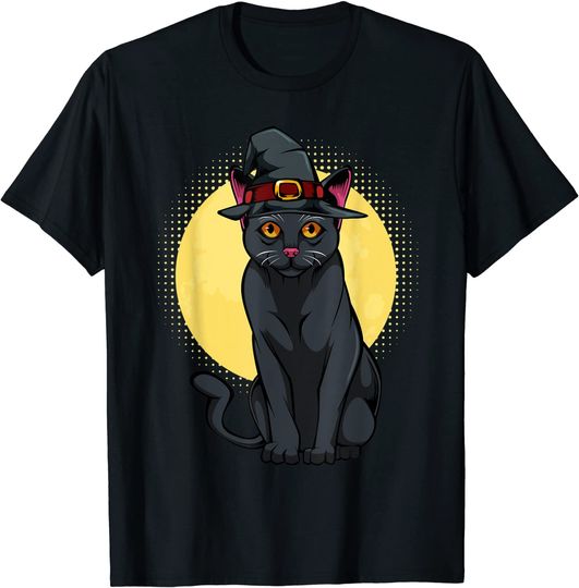 Discover T-shirt Unissexo Halloween Gato Preto Gorro de Bruxa Lua