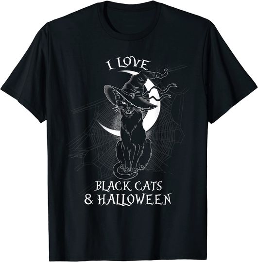 Discover T-shirt Unissexo Gato Preto Assustador com Lua de Chapéu de Bruxa Halloween