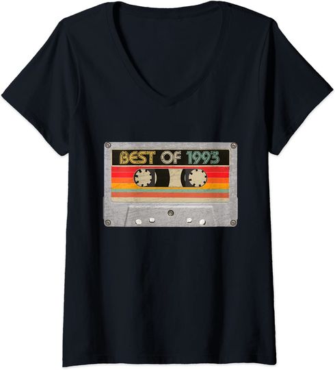 T-shirt de Mulher com Decote Em V Presente de Aniversário de 28 Anos Cassete Clássica Best Of 1993