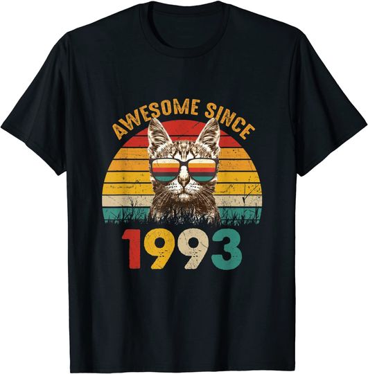 Discover T-shirt Unissexo de Manga Curta Gato com Óculos Coloridos Awesome Since 1993