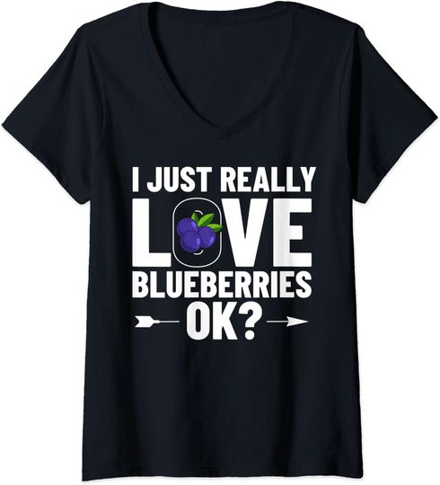 Discover T-shirt da Mulher I Just Really Love Blueberries Ok Decote em V