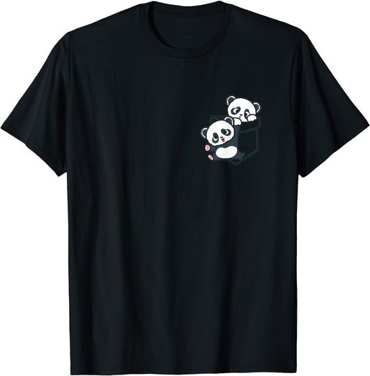 Discover T-shirt Unissexo com Dois Pandas no Bolsinho