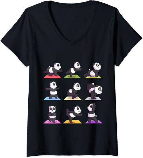 Discover T-shirt da Mulher com Panda e Ioga Decote em V
