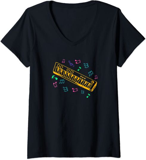 Discover T-shirt da Mulher com Piano Presente para Amantes de Piano Decote em V