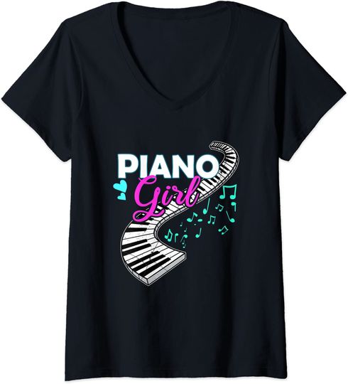 Discover T-shirt da Mulher com Piano Girl Decote em V