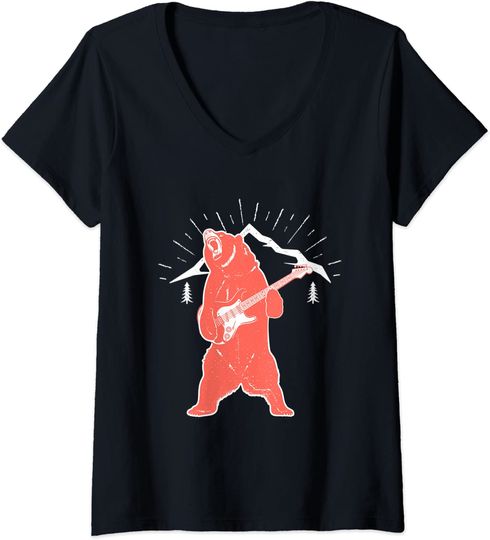 Discover T-shirt da Mulher Divertido com Urso Toca Guitarra Decote em V