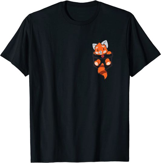 Discover T-shirt para Homem e Mulher com Pequeno Panda Vermelho no Bolsinho