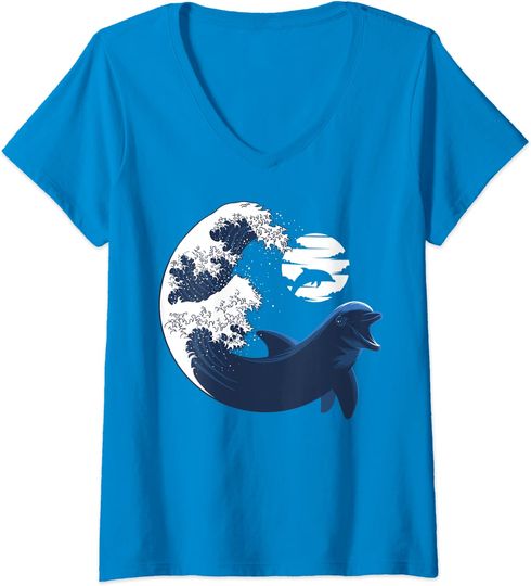 Discover T-shirt da Mulher com Estampa de Golfinho Decote em V