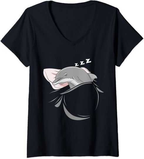 Discover T-shirt para Mulher Divertido com Golfinho Adormecido Decote em V