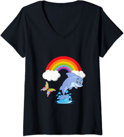 Discover T-shirt para Mulher com Golfinho e Arco-Íris Decote em V