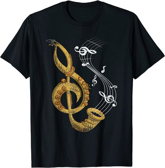 Discover T-shirt Unissexo de Manga Curta Presente Ideal para Amantes de Saxofone Chave de Sol Saxofone
