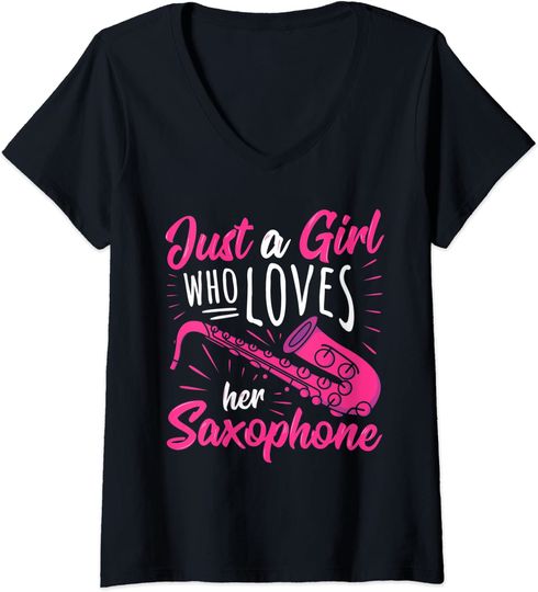 Discover Camisete Feminino com Decote Em V Just A Girl Who Loves Her Saxophone