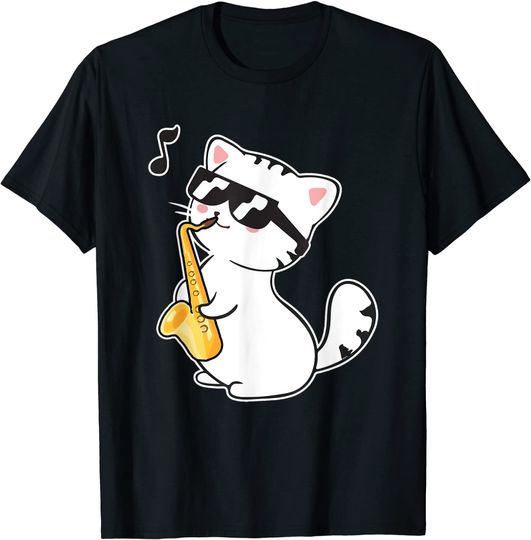 Discover T-shirt Unissexo de Manga Curta Gato com Óculos de Sol Jogar Saxofone