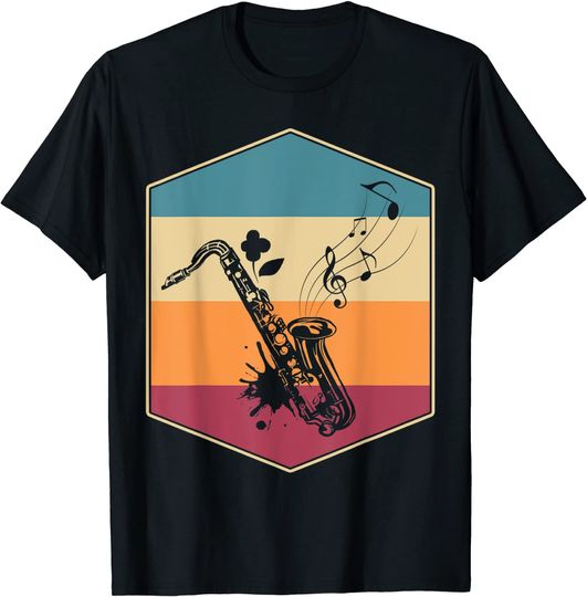 Discover T-shirt Unissexo de Manga Curta Estilo Retrô Saxophone E Notas Musicais