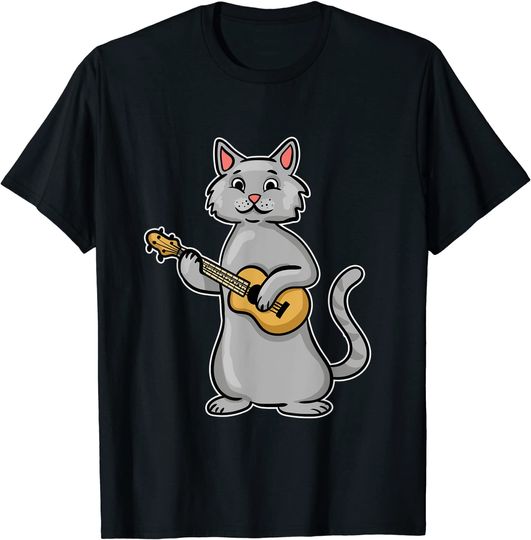 Discover T-shirt Unissexo de Manga Curta Gato E Guitarra Ukulele