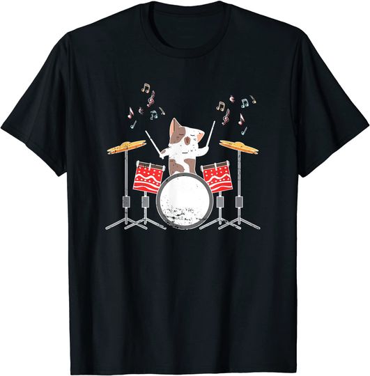 Discover T-shirt Unissexo Gato Toca Bateria Baquetas Drummer