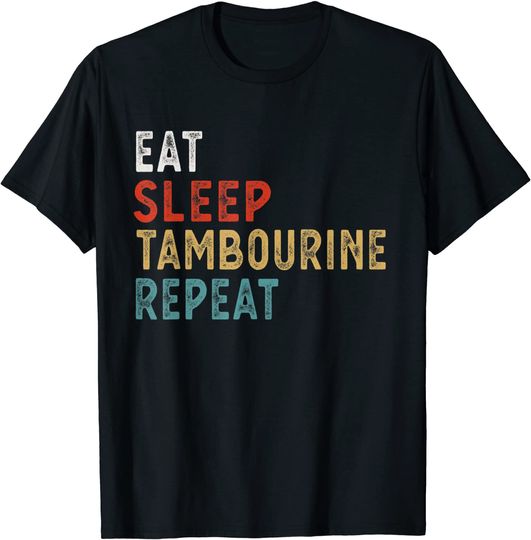 Discover T-shirt Unissexo de Manga Curta vintage Eat Sleep Tambourine Repeat