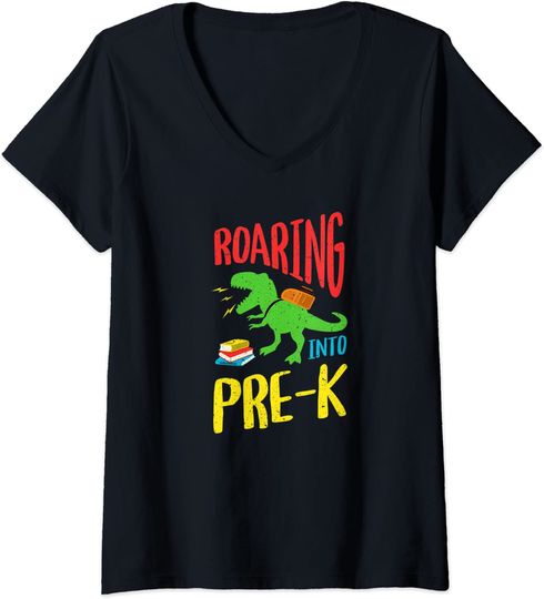 Discover T-shirt da Mulher Roaring Into Pre-K Regresso às Aulas Decote em V
