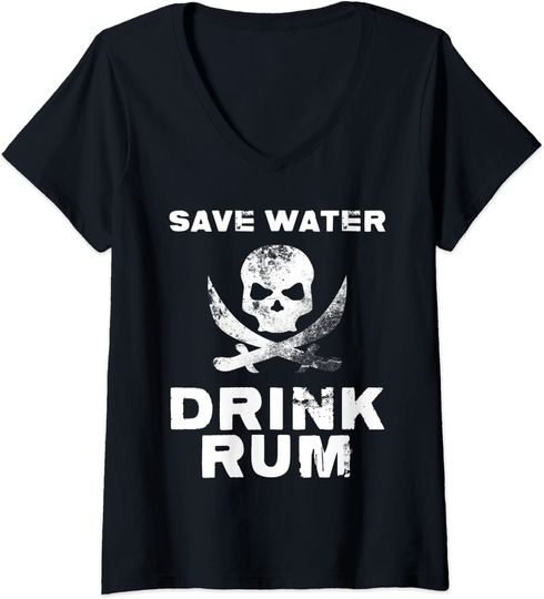 Discover T-shirt de Mulher com Decote Em V Bebidas Coquetel com Rum Save Water Drink Rum