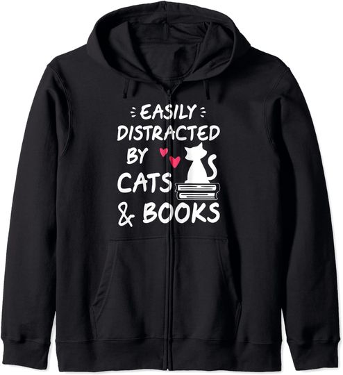 Discover Hoodie Unissexo Facilmente Distraído por Gatos E Libros