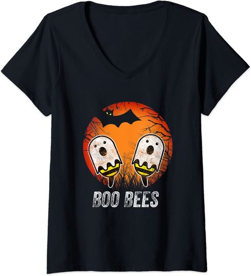 Discover T-shirt da Mulher Halloween Boo Bees de Fantasma Decote em V