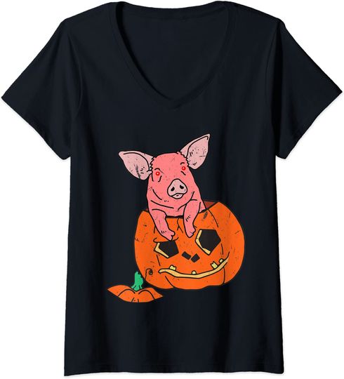 Discover T-shirt de Mulher com Decote Em V Halloween Porco E Abóbora