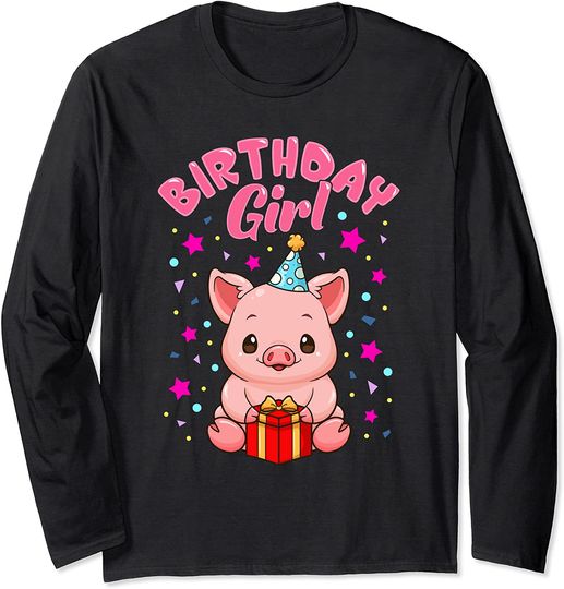 Discover T-shirt Unissexo de Manga Comprida Porco Aniversário Menina