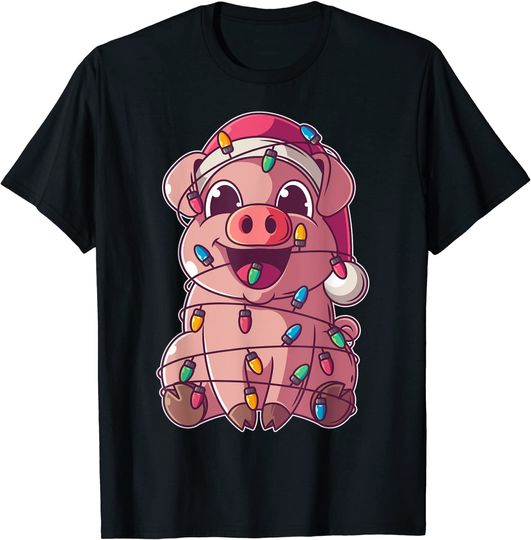 T-shirt Unissexo de Manga Curta Porco Envolto Em Luzes Cintilantes