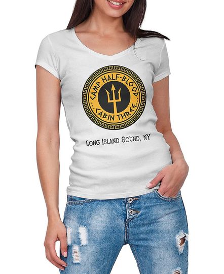 Discover T-shirt para Mulher Camp Half Blood Cabin Three Poseidon Decote em V