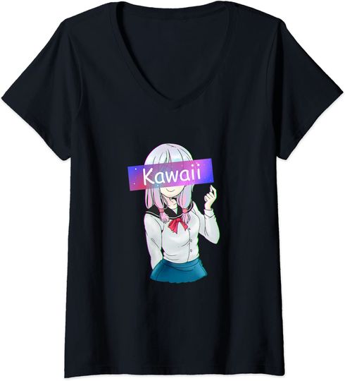Discover T-shirt para Mulher com Estampa de Menina Kawaii Decote em V