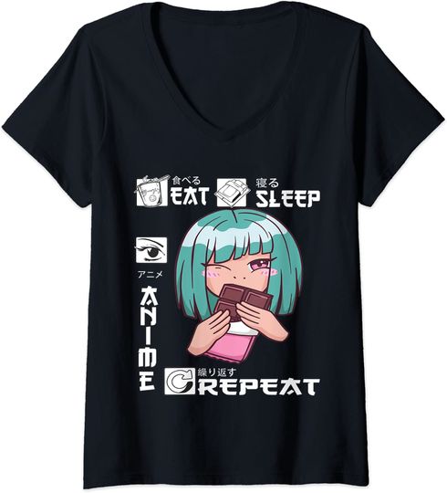 Discover T-shirt para Mulher Divertido Eat Sleep Anime Repeat Decote em V