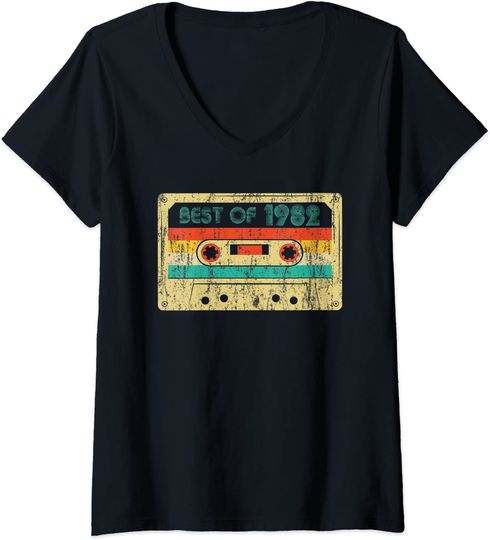 Discover T-shirt da Mulher Best Of 1982 com Cassete Decote em V