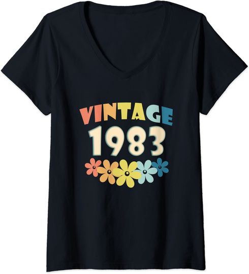 Discover T-shirt para Mulher Vintage 1983 com Flores Decote em V