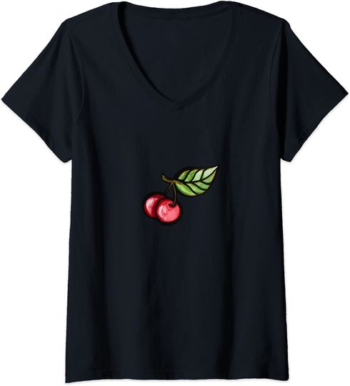 Discover T-shirt para Mulher Presente para Vegano com Cerejas Decote em V