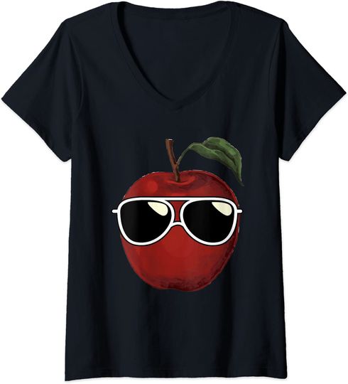 Discover T-shirt para Mulher Divertido com Maçã e Óculos Decote em V