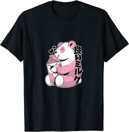 Discover T-shirt Unissexo Divertido com Urso de Panda Bebe Leite de Morango